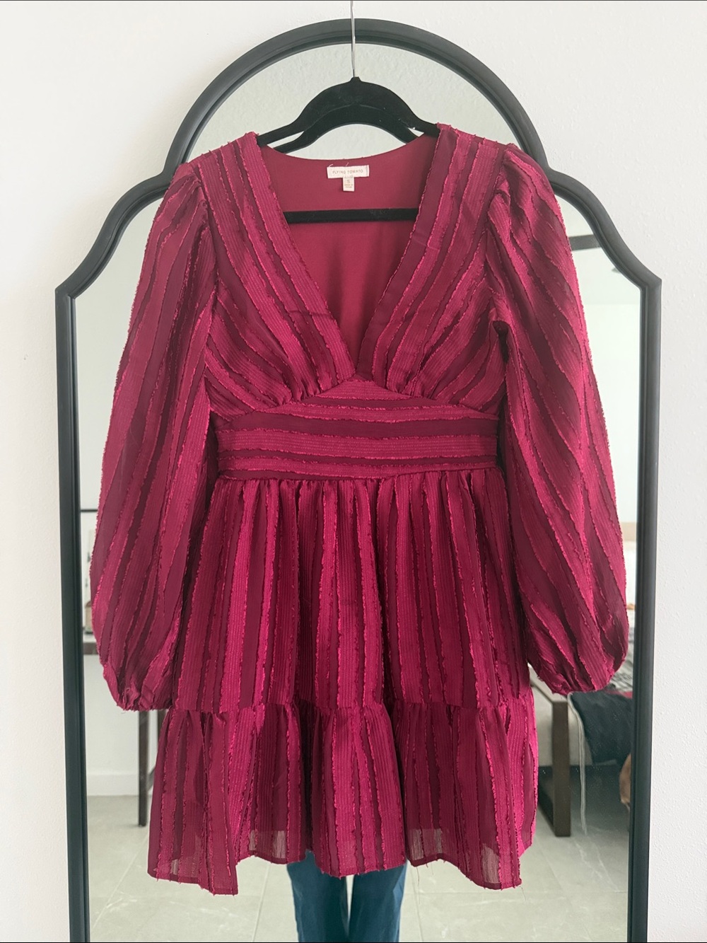 Flying Tomato Fuchsia Textured V-Neck Tiered Dress